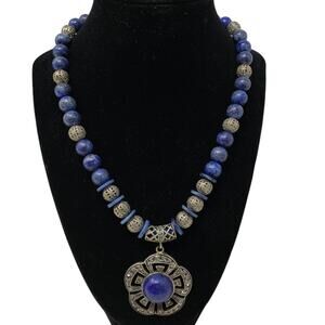 Handmade Artisan Beaded Pendant Necklace Blue Silver Tone Metal Toggle Clasp